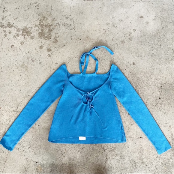 Rosie Assoulin NWT Tie Neck Knit Top Cornflower Blue - Picture 3 of 11